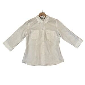 EDWARD Womens Linen Embroidered Sequin Button Down 3/4 Sleeve Top Size S